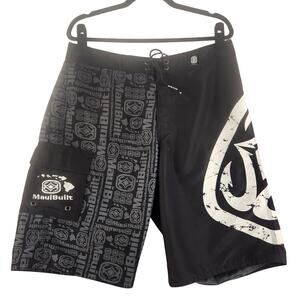 Maui Built Logo Tribal Board Short Men’s 34 Black/White/Gray Pocket EUC